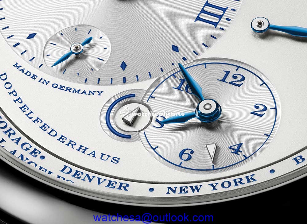 a lange sohne lange fuseaux horaires 25th anniversary dial closeup