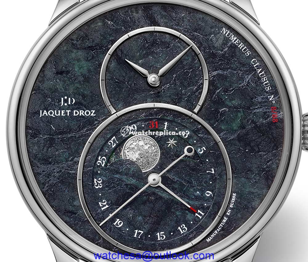 jaquet droz grande seconde moon swiss serpentinite dial closeup