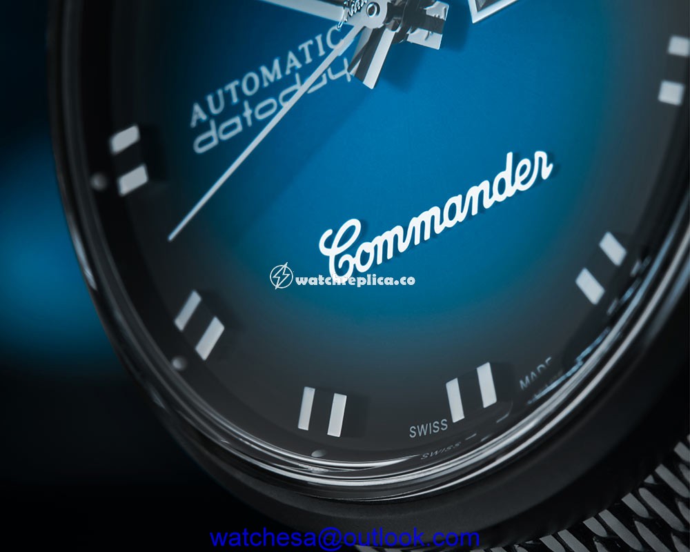 mido commander blue shade closeup low dial