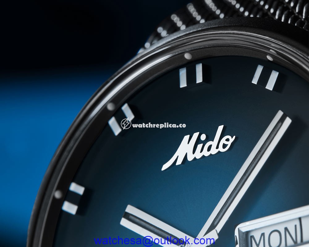 mido commander blue shade closeup high dial