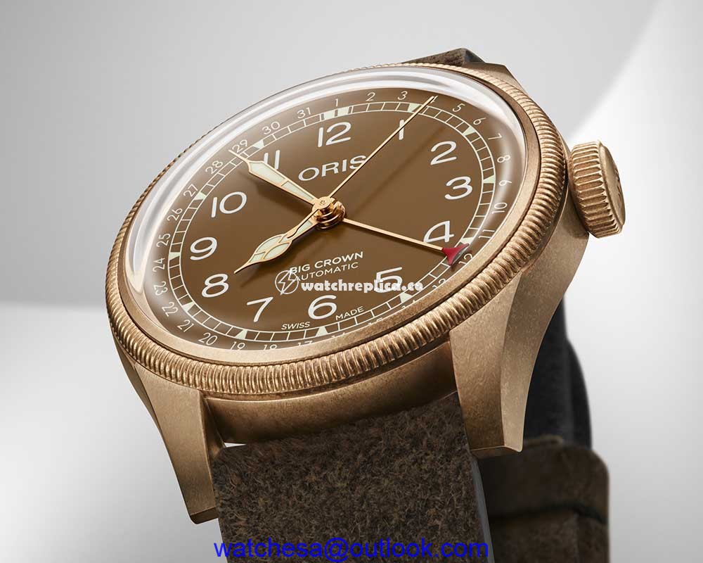 oris big crown bronze pointer date closeup