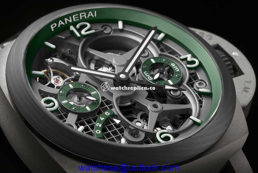 panrai luminor tourbillon gmt 47 dial closeup