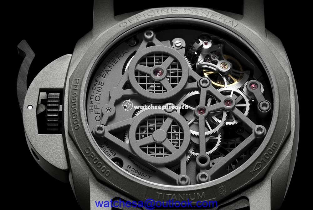 panrai luminor tourbillon gmt 47 caseback closeup