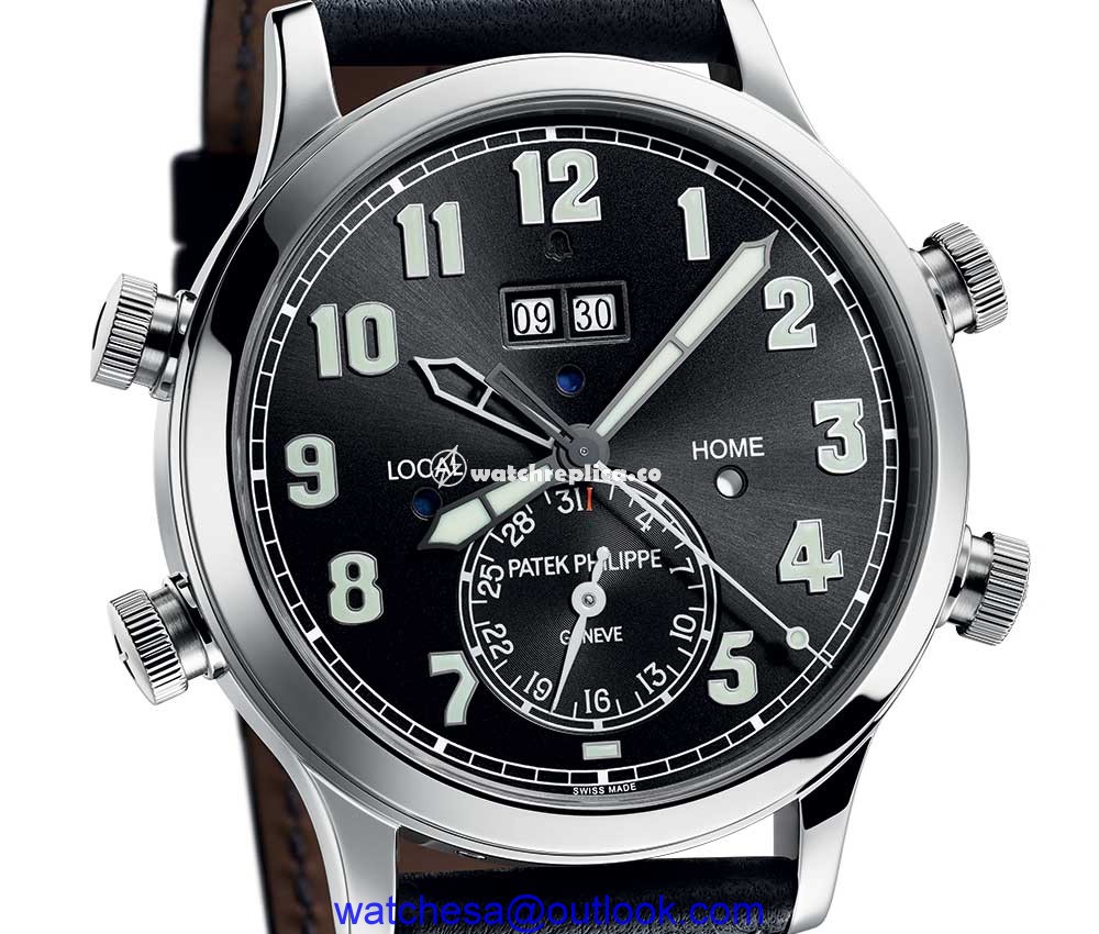 patek philippe 5520 calatrava pilot alarm travel time dial closeup